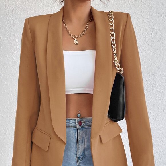 . Jackets & Blazers - Brown Preppy Womens Solid Shawl Collar Blazer